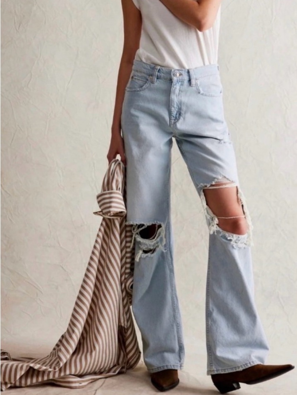 Free People We The Free Tinsley Baggy High Rise Straight Leg Distressed Blue